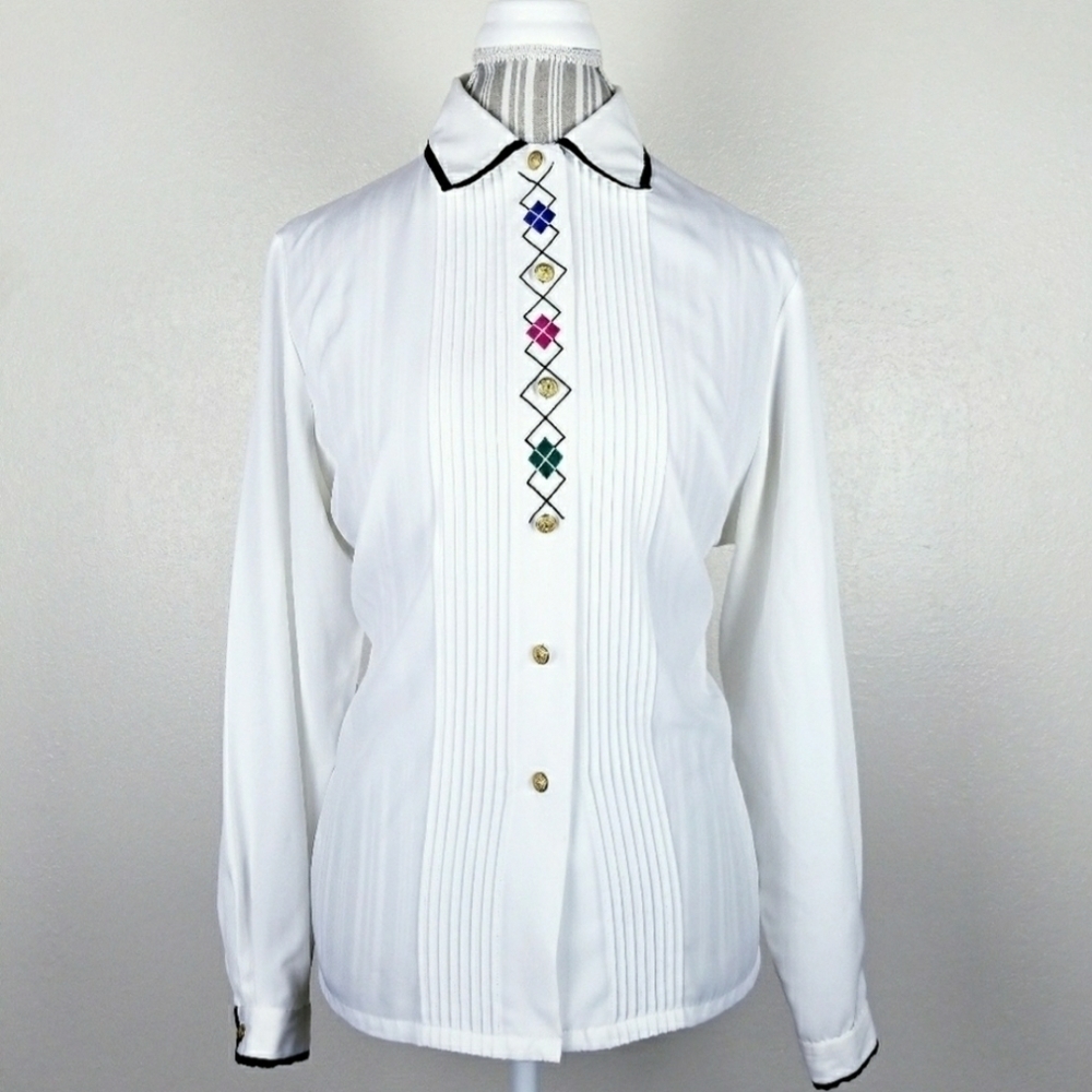 80s Vintage Koret White Diamond Art Deco Pintucked Blouse
